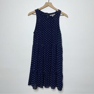 Loft Navy Blue and White Dots Sleeveless Tiered Swing Dress